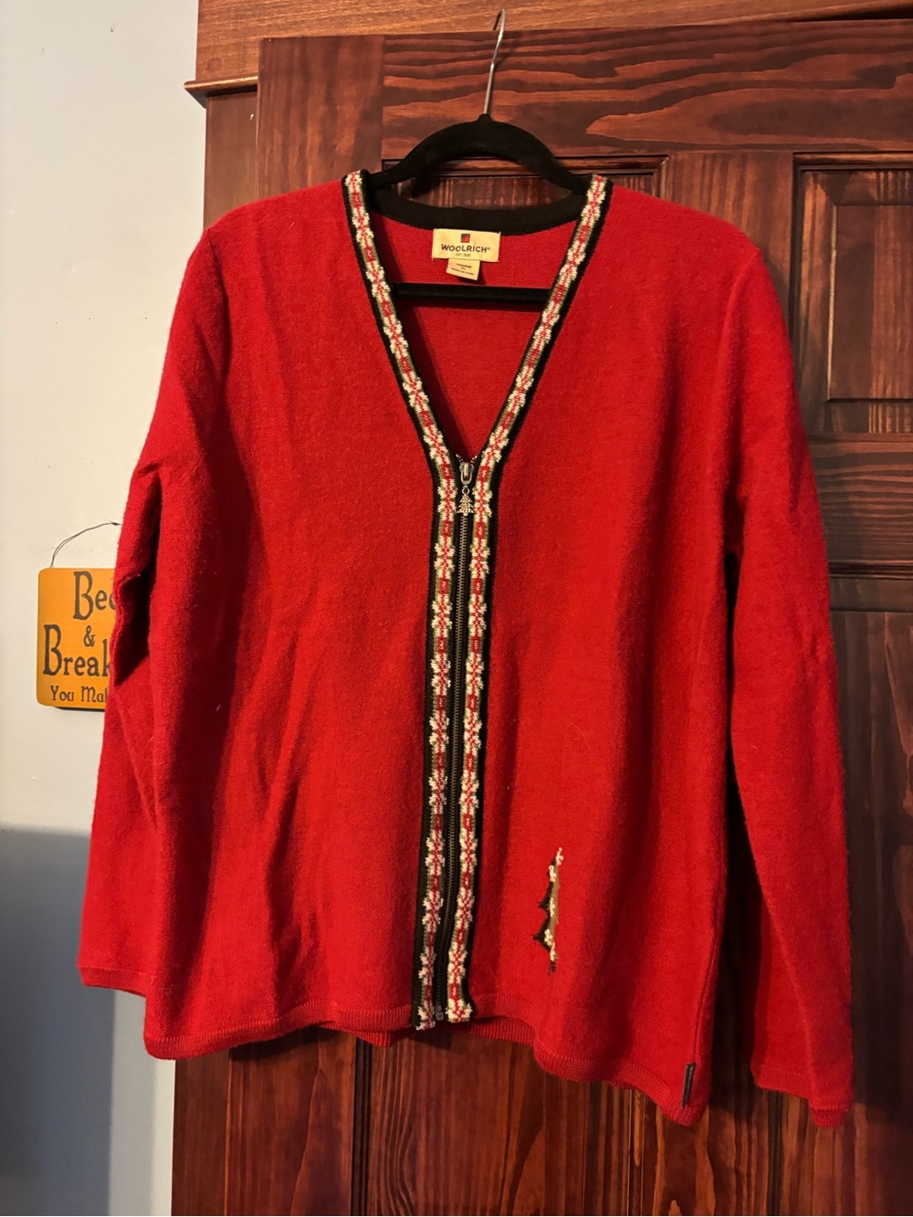 Woolrich Red V-Neck Cardigan with Decorative Trim
